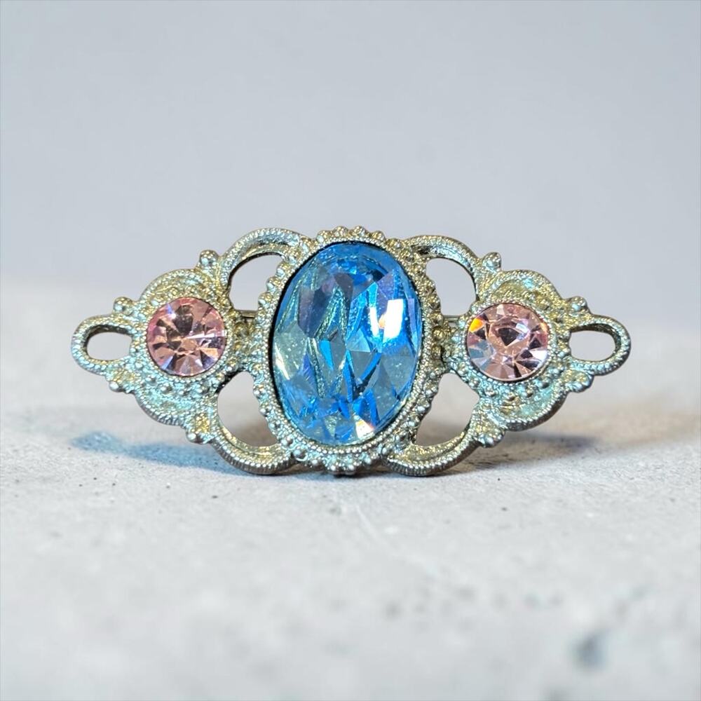 Blue Pink Rhinestone Filigree Brooch 1928 Jewelry Co Victorian Revival Pin